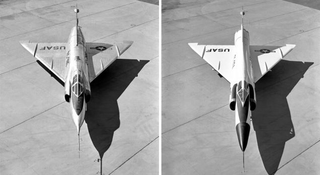 YF-102 (left) and YF-102A, showing redesigned area rule fuselage